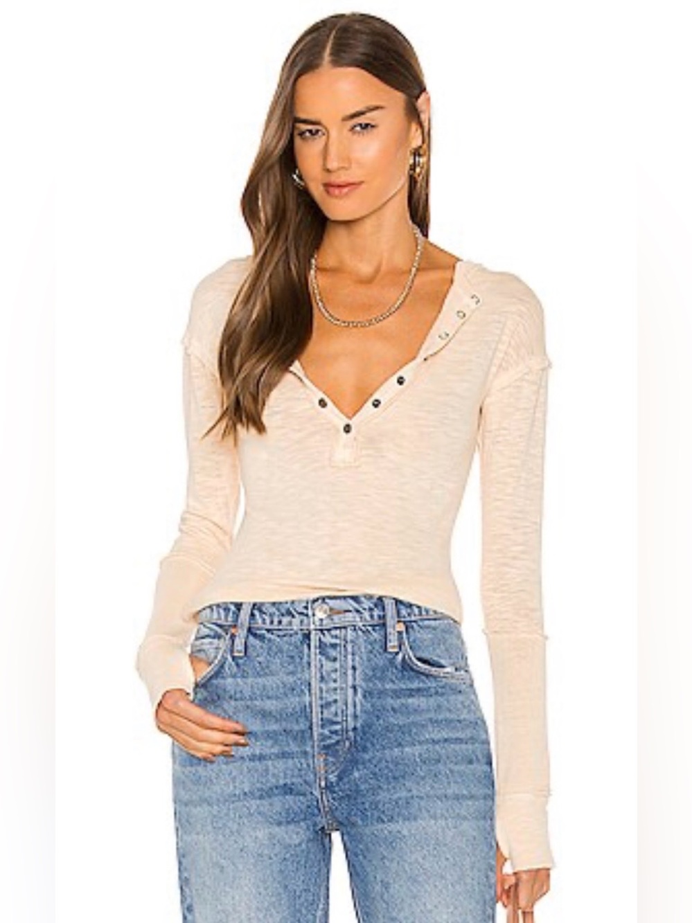 Free People We The Free Phoebe Henley Top Long Sleeves Thumb Holes Ivory Small